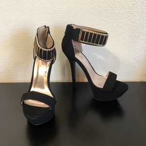 Qupid Black Gold Ankle Strap High Heel Shoes